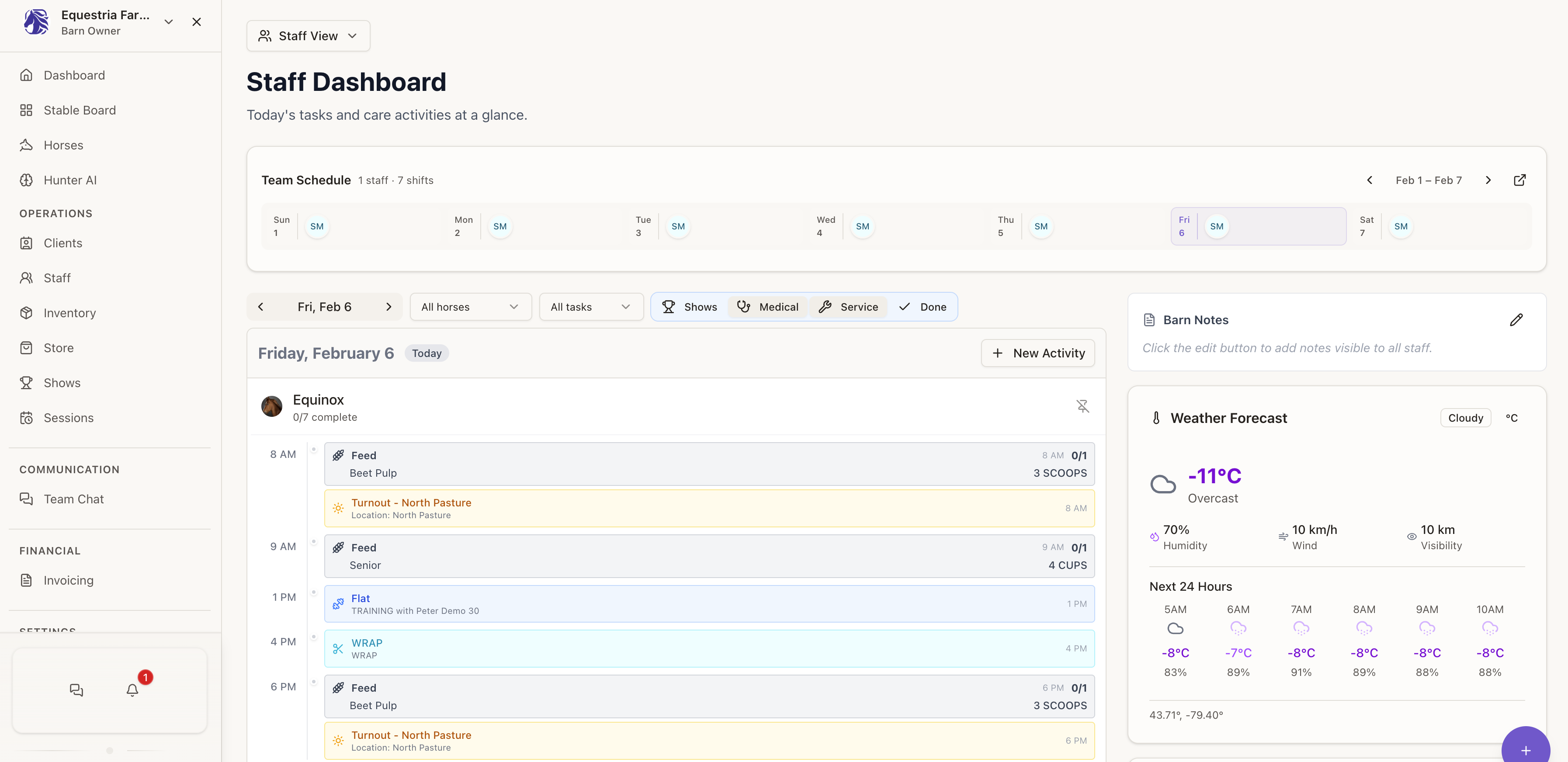 Equestria barn management app interface